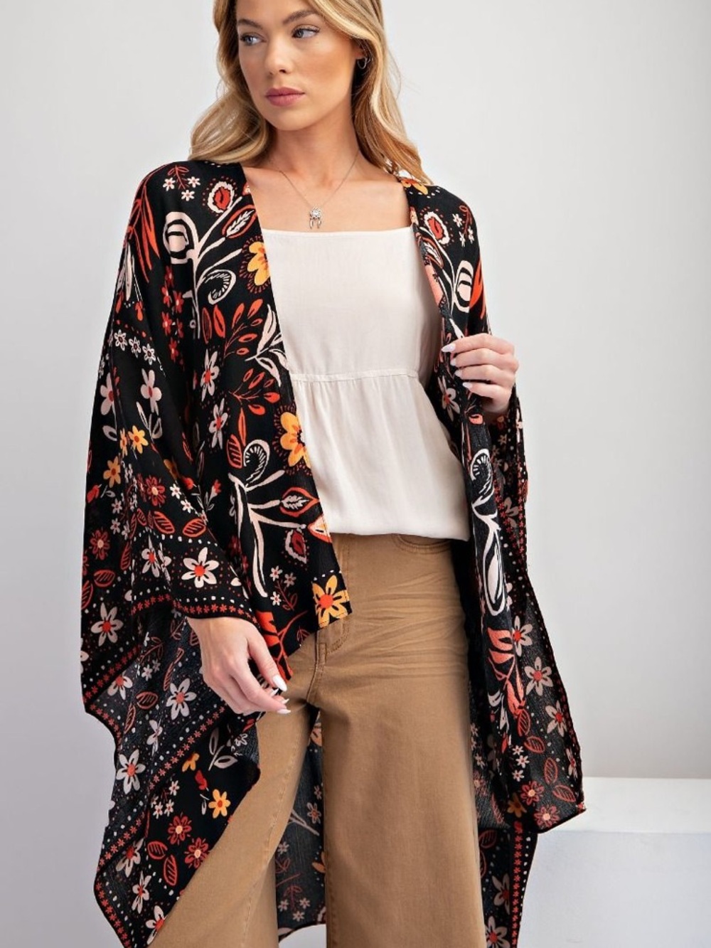 Easel Black Floral Kimono with Red, Orange & White Accents